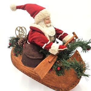 For Sale: Vintage Rustic Santa Claus in Wood Canoe 16” Centerpiece Christmas